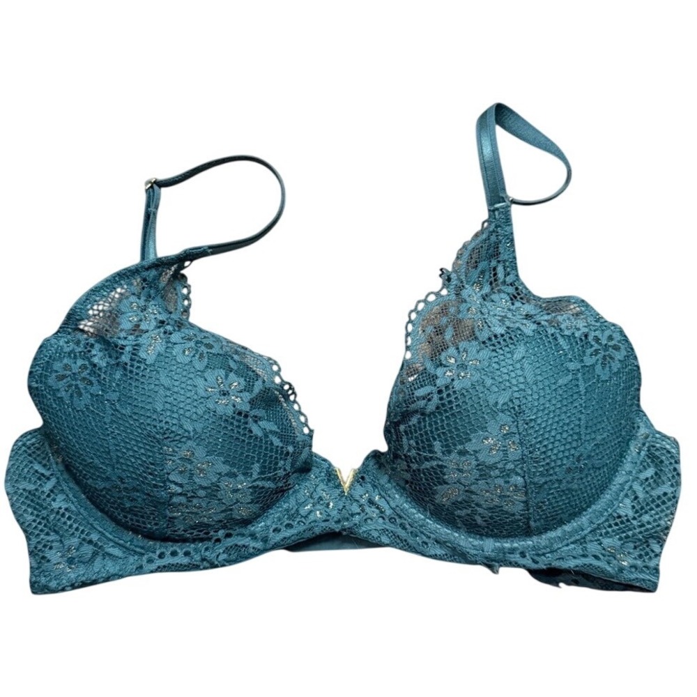 Vintage Victoria's Secret Teal Gold Floral Lace Uplift Demi Bra 32C Coquette Y2K